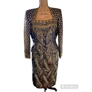 Vintage Victor Costa Gold and Black 2-Piece Jacket and Skirt Set | Size 14